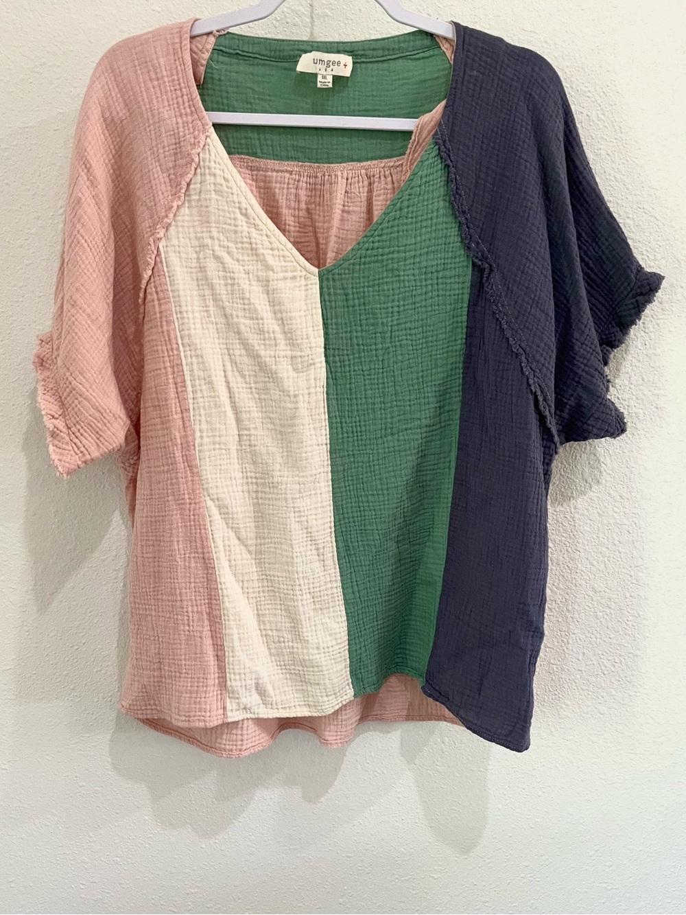 Umgee Patchwork V-Neck Gauze Top Boho Shabby Chic Oversized